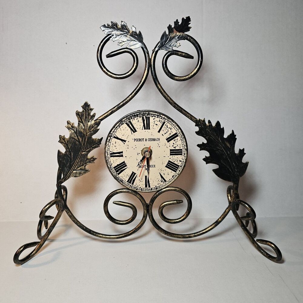 Poirot & Germain St. Croix Paris Mantel Desk Clock Gold Brass Tone Metal Leaf